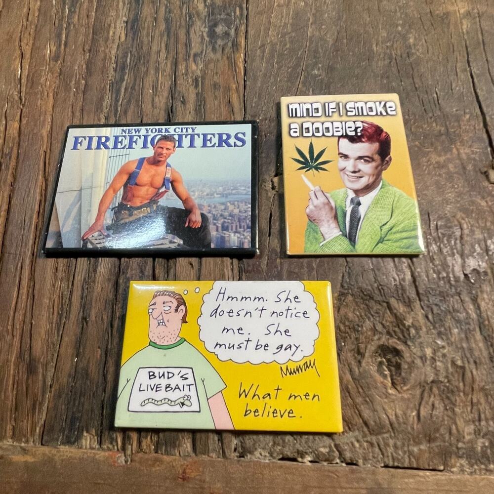 Vintage Refrigerator Magnet Firefighter Buds And Funny Weed Marijuana Lot of 3